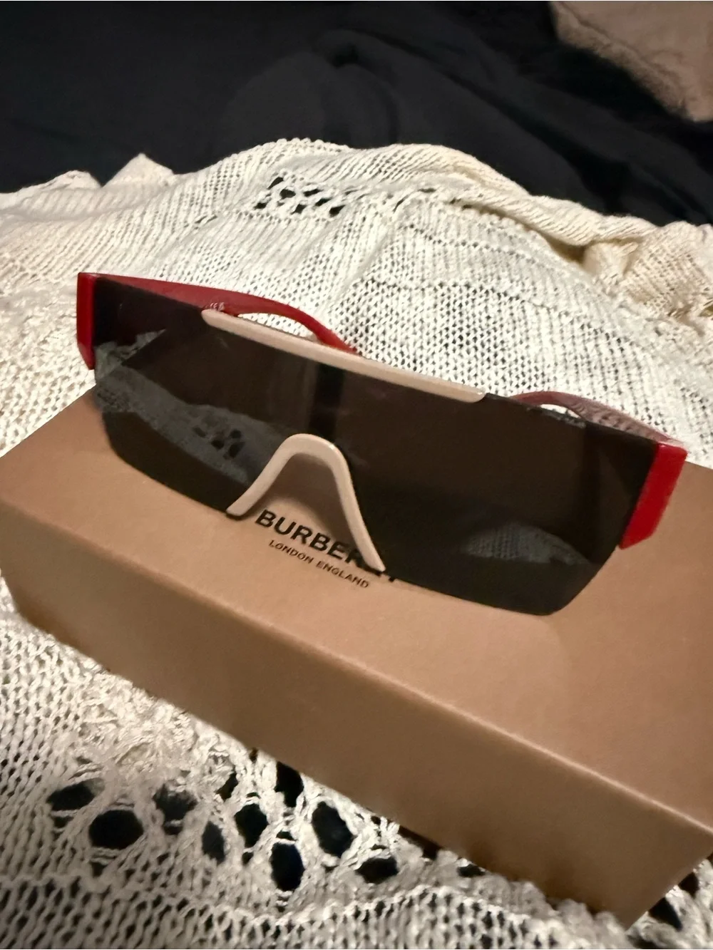 Burberry Red and Black Shield Sunglasses with Cream Bridge